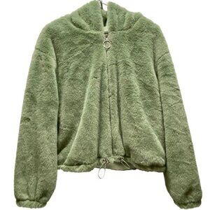 Free Haven Full Zip Jacket Women's Medium Soft Plush Green Hooded Cropped EUC‎